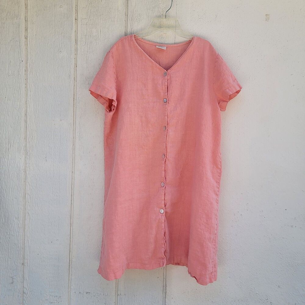 Wmns button front linen peach shirt dress tunic  XL Lagenlook Coastal Beachy